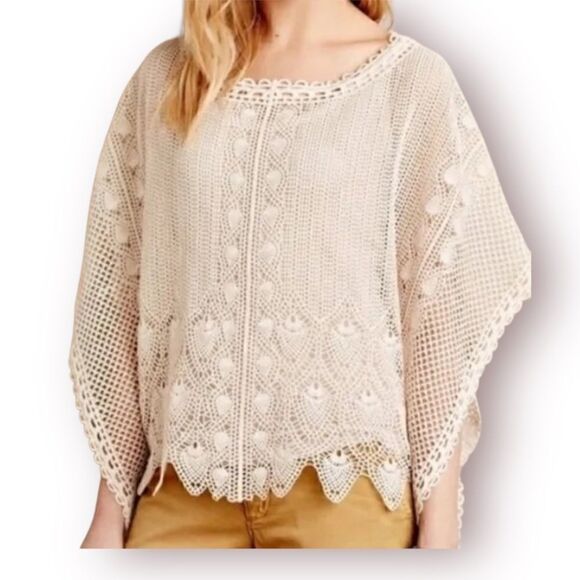 NWT Anthropologie Sparrow cream lace crochet scalloped poncho top - Picture 2 of 6